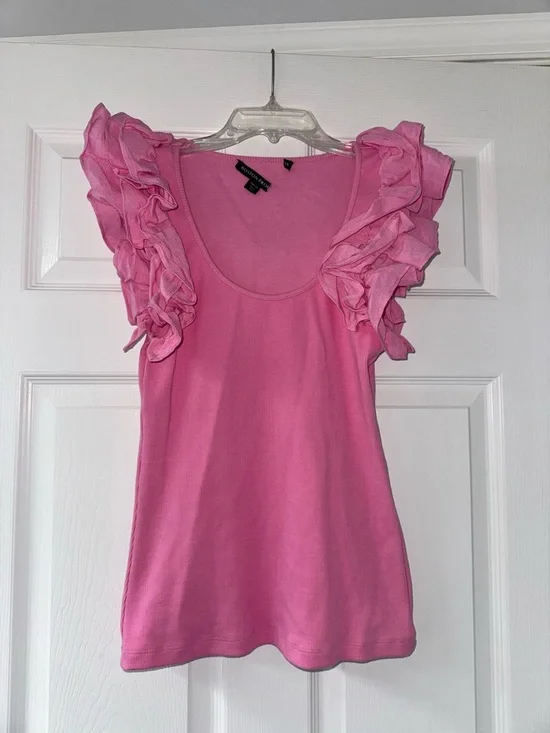 Boston Proper Light Pink Linen Ruffle Ribbed Top! - Picture 2 of 3